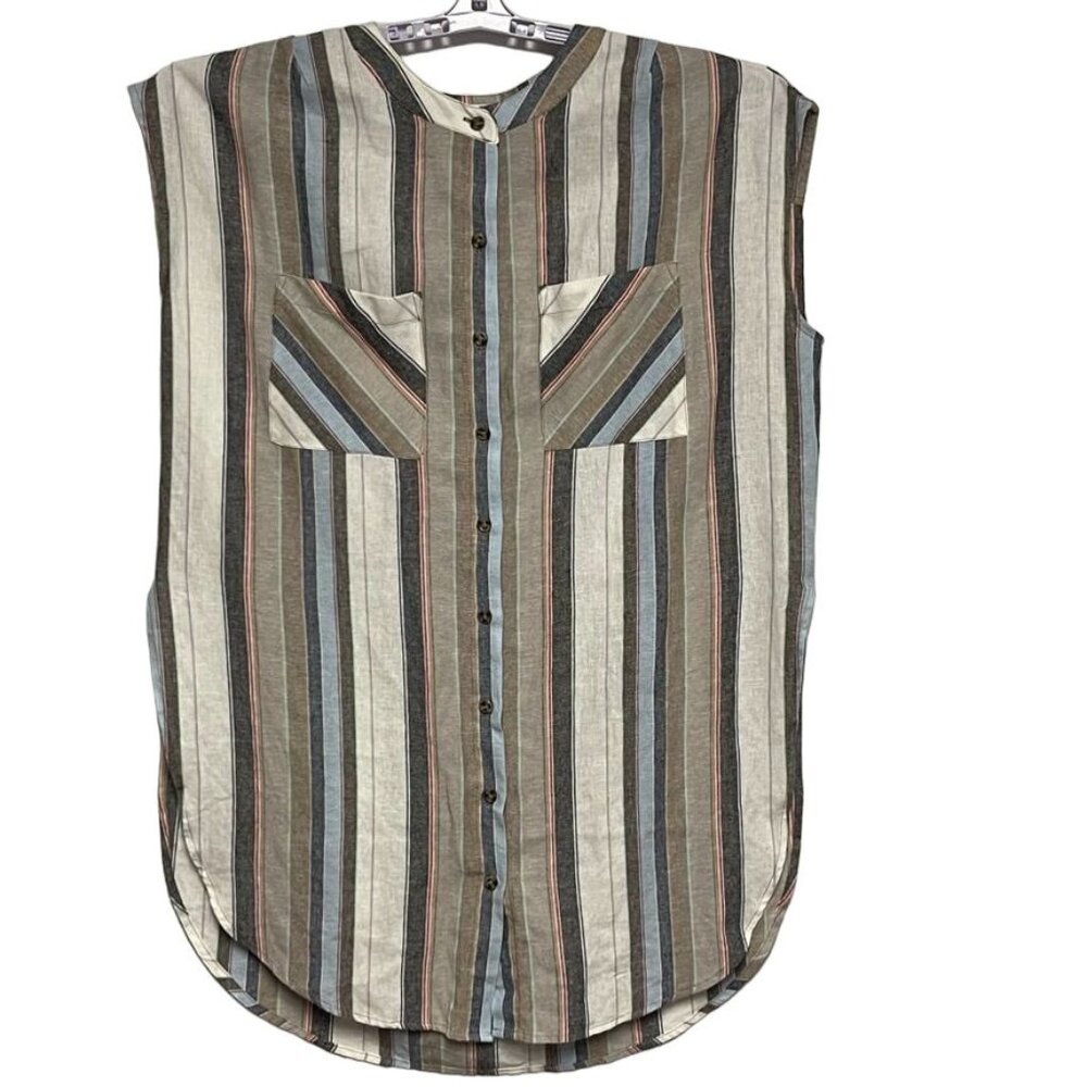 Soft Surroundings Womens Striped Button‎ Up Tunic Shirt Sleeveless  Size L